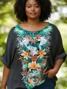 Liz Claiborne Navy Blue Floral Blouse (Tropical Heat) Tie Front- Size 2XL